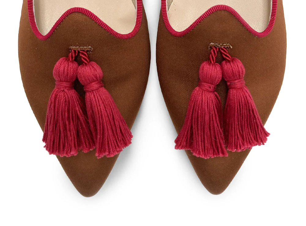 TT Go Green Collection - women’s brown eco-friendly satin moccasins with fuchsia tassels - Image 5