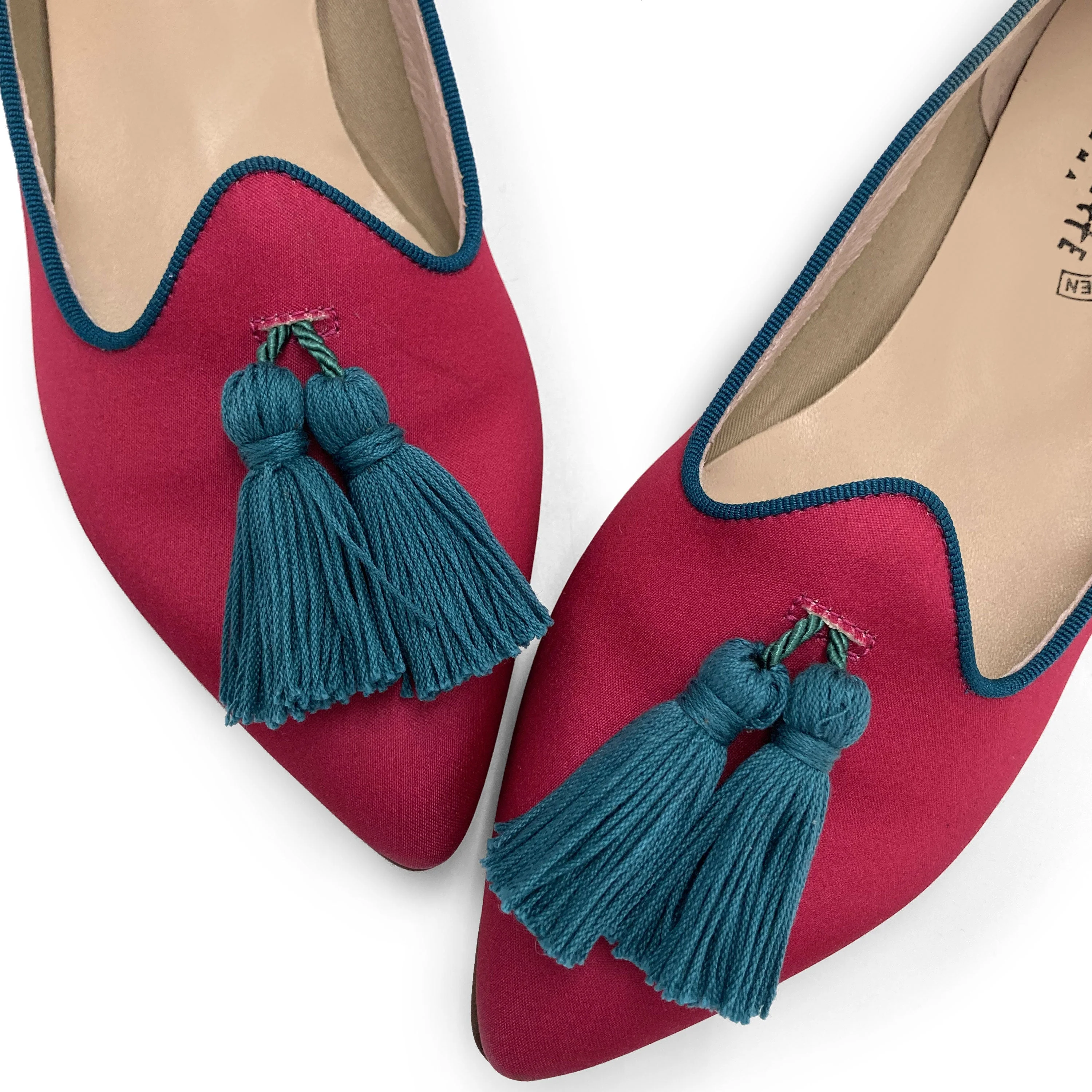 TT Go Green Collection - women’s fuchsia eco-friendly satin moccasins with petrol blue tassels - Image 3