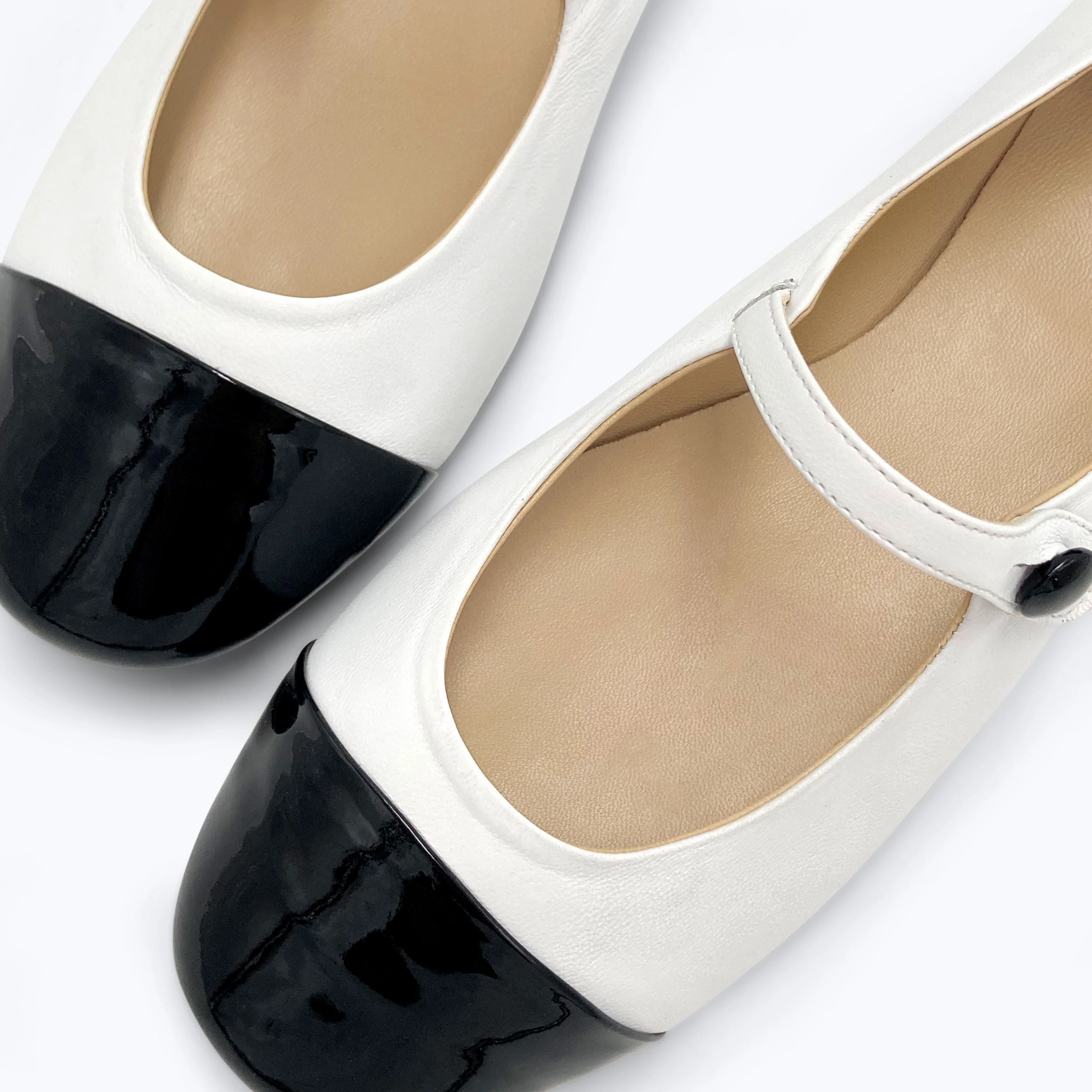 White ballet flats with black patent toe and strap - Image 3