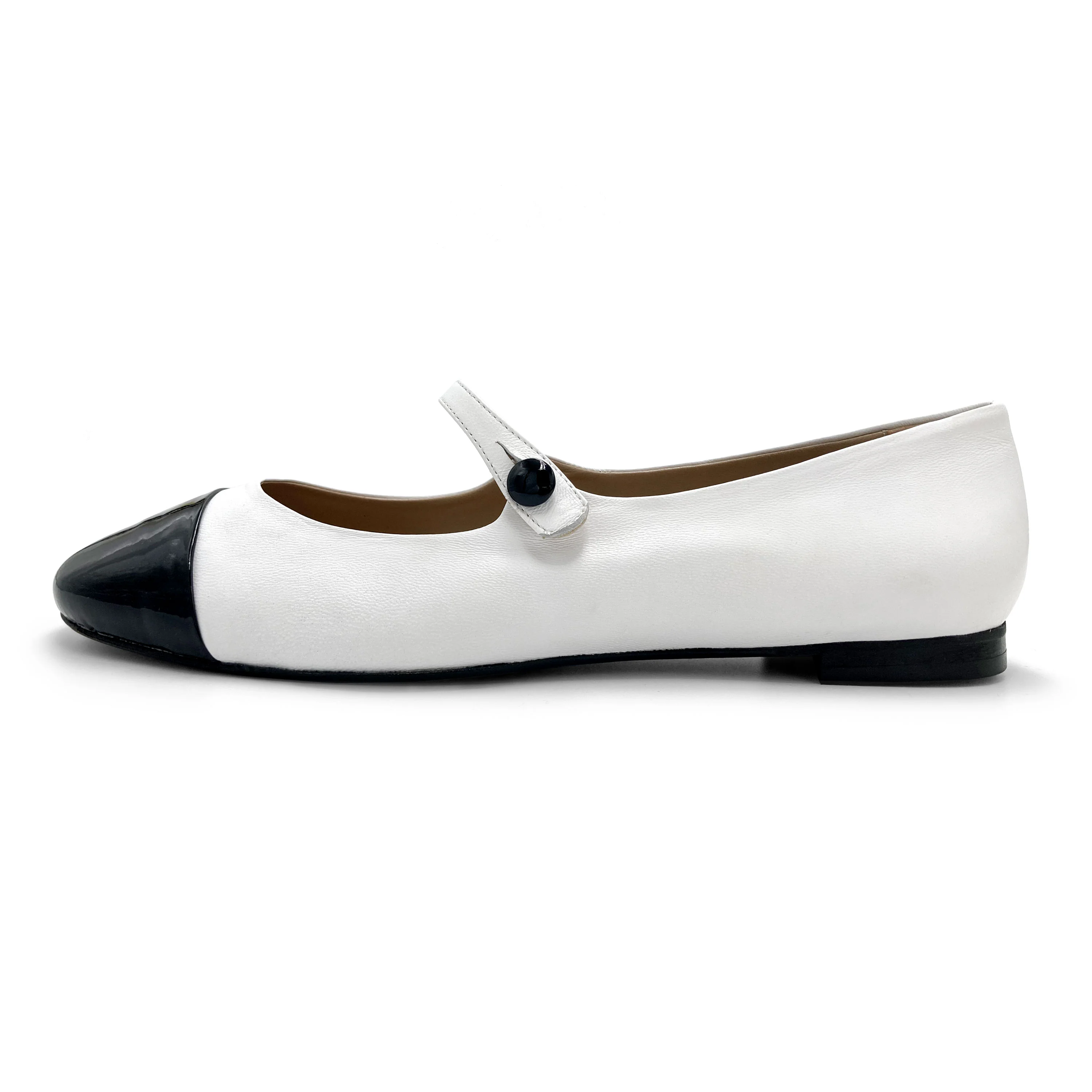White ballet flats with black patent toe and strap - Image 4
