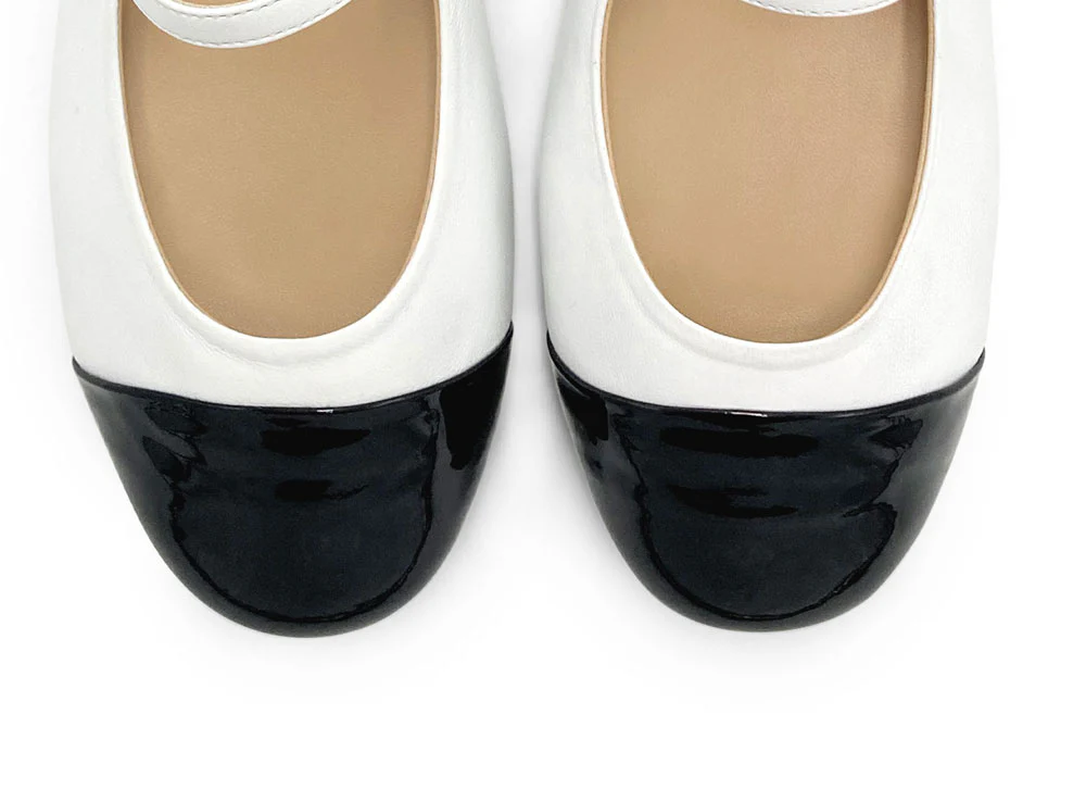White ballet flats with black patent toe and strap - Image 5