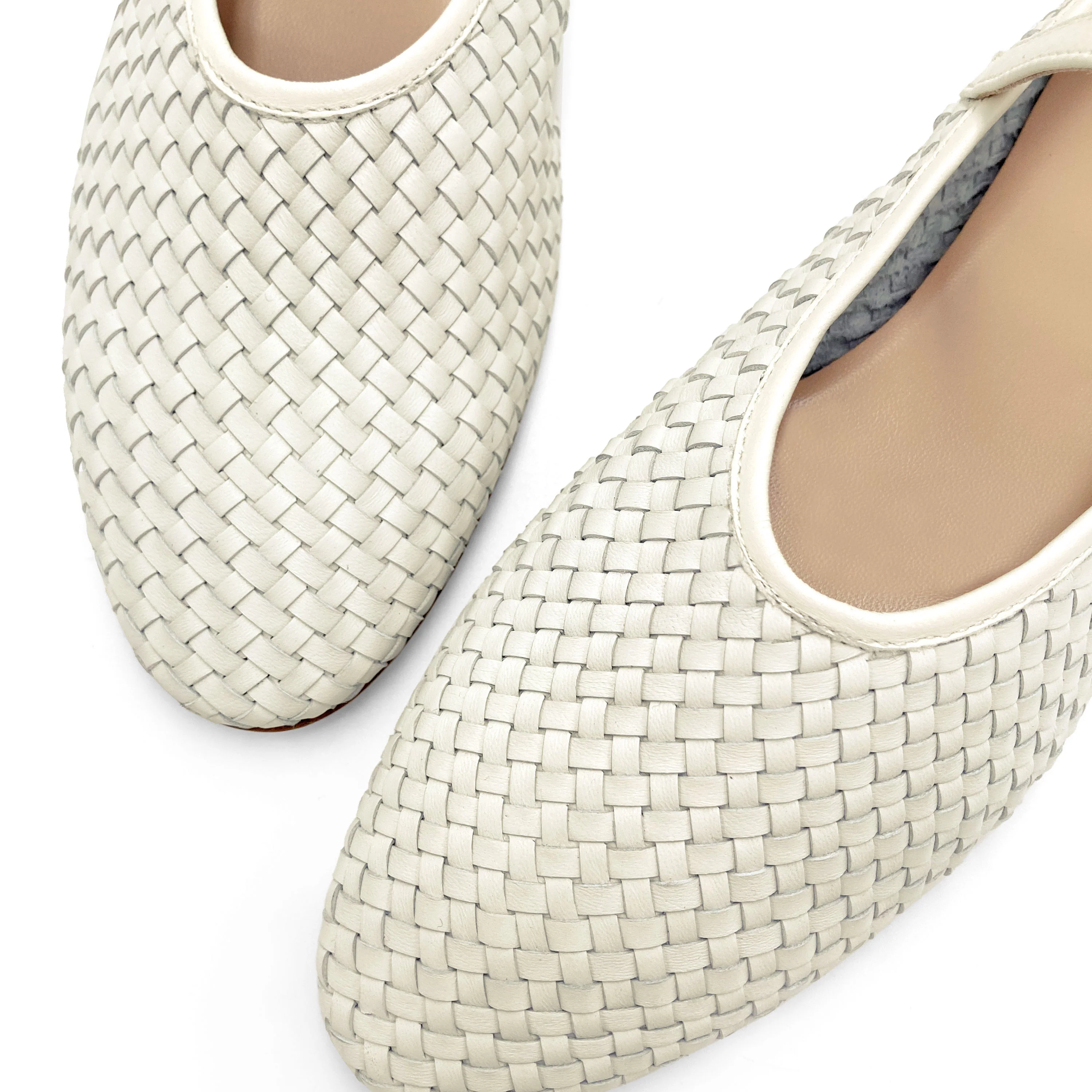 White high cut handwoven leather ballet flats with strap - Image 3