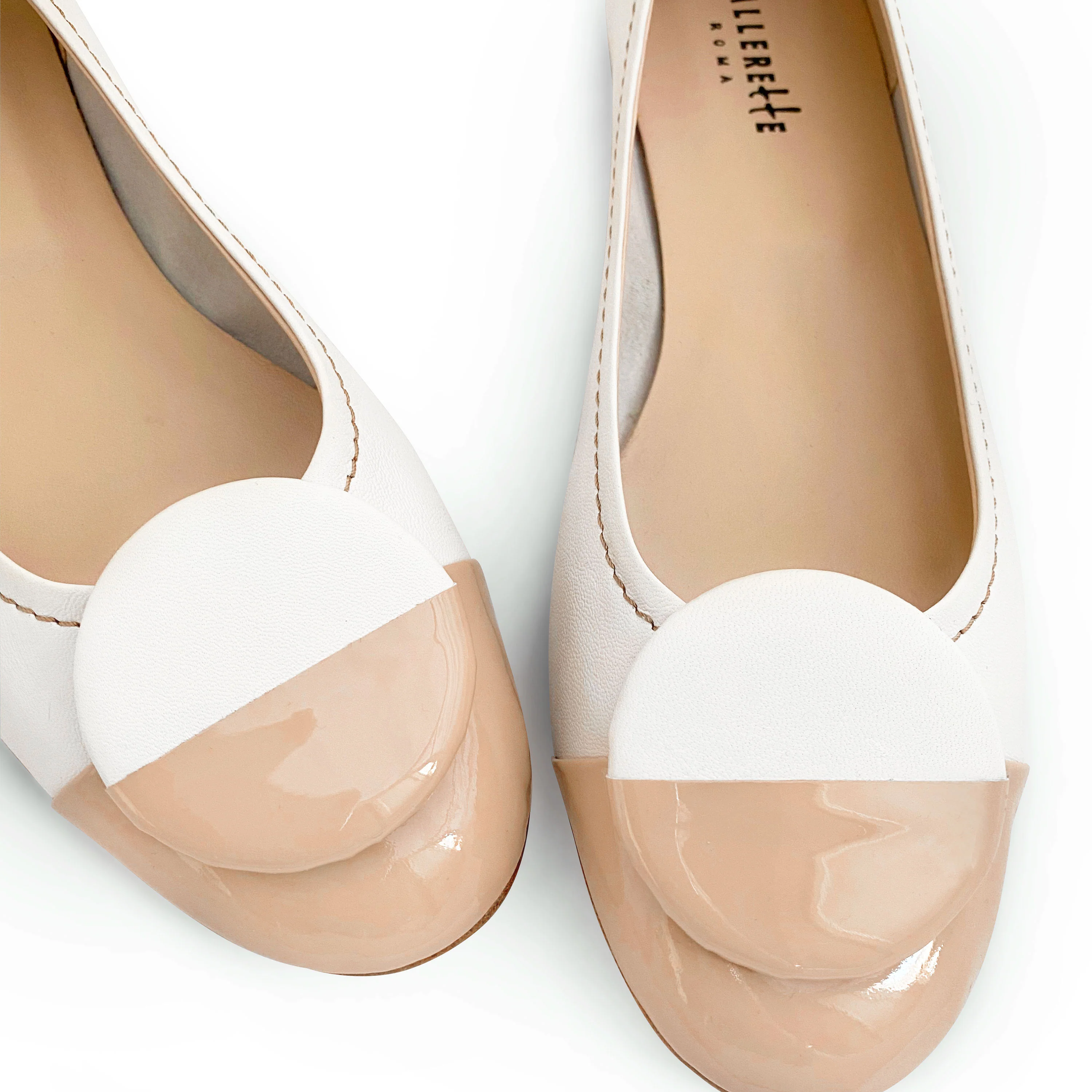 White leather ballet flats, taupe patent leather toe and stud - Image 3