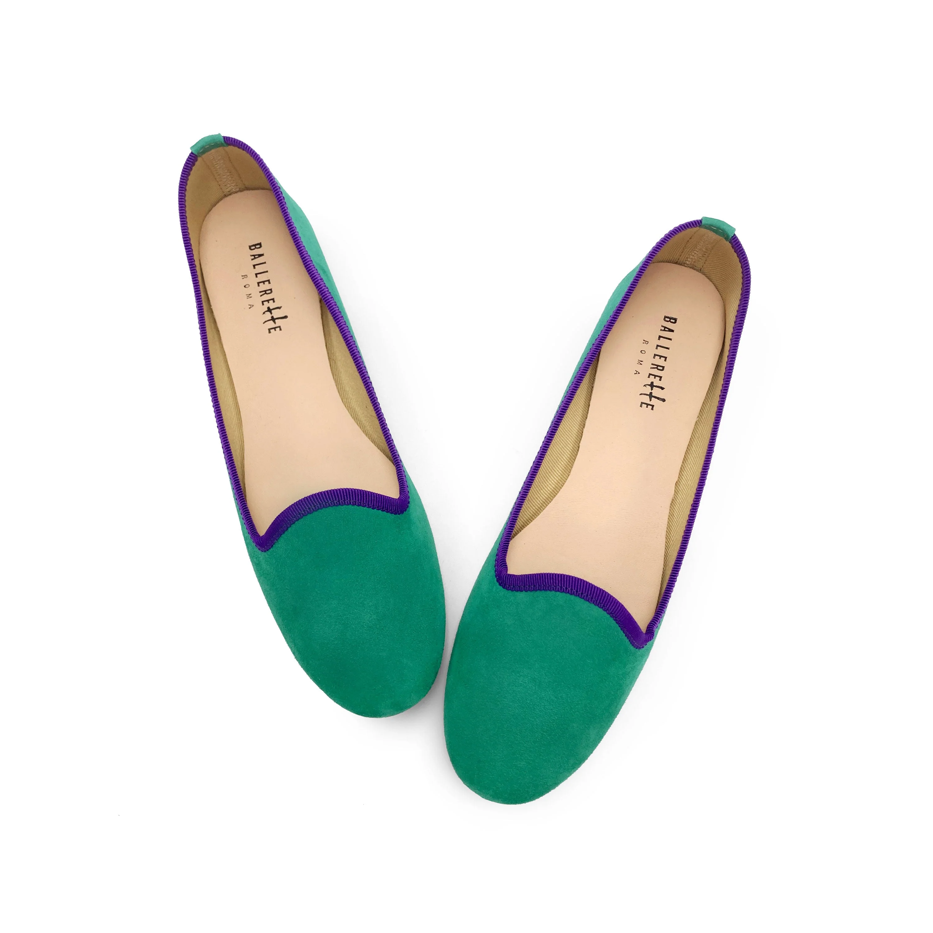 Women loafers in emerald green suede with purple details - Image 2