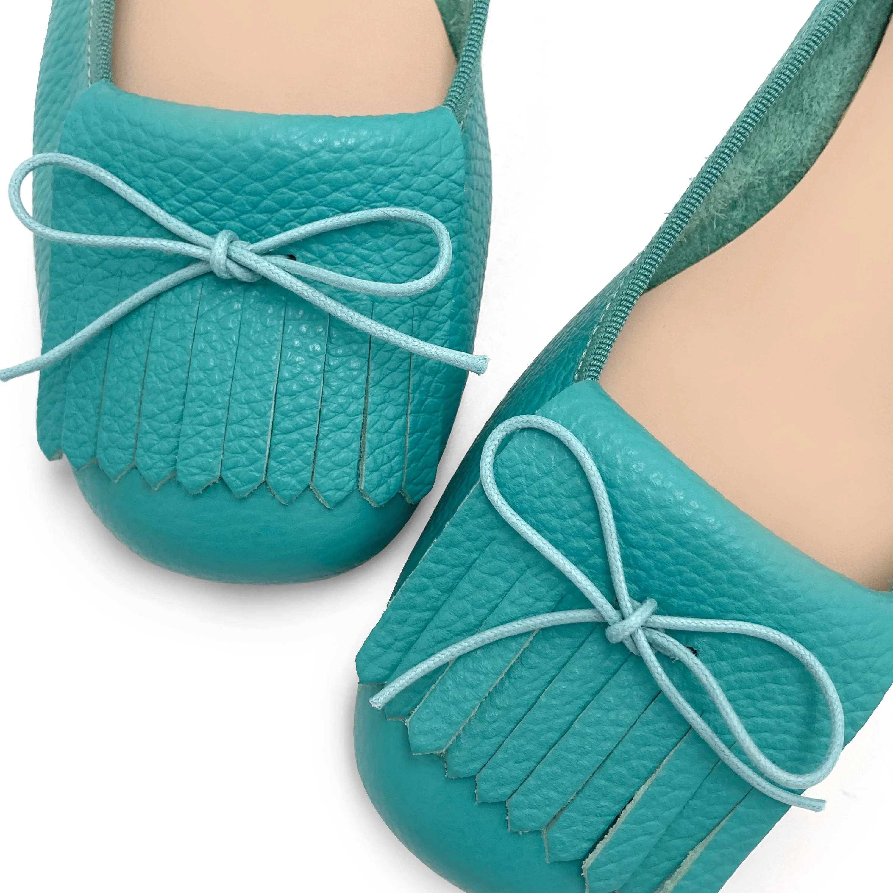 Women's aqua blue leather moccasins with fringes - Image 3