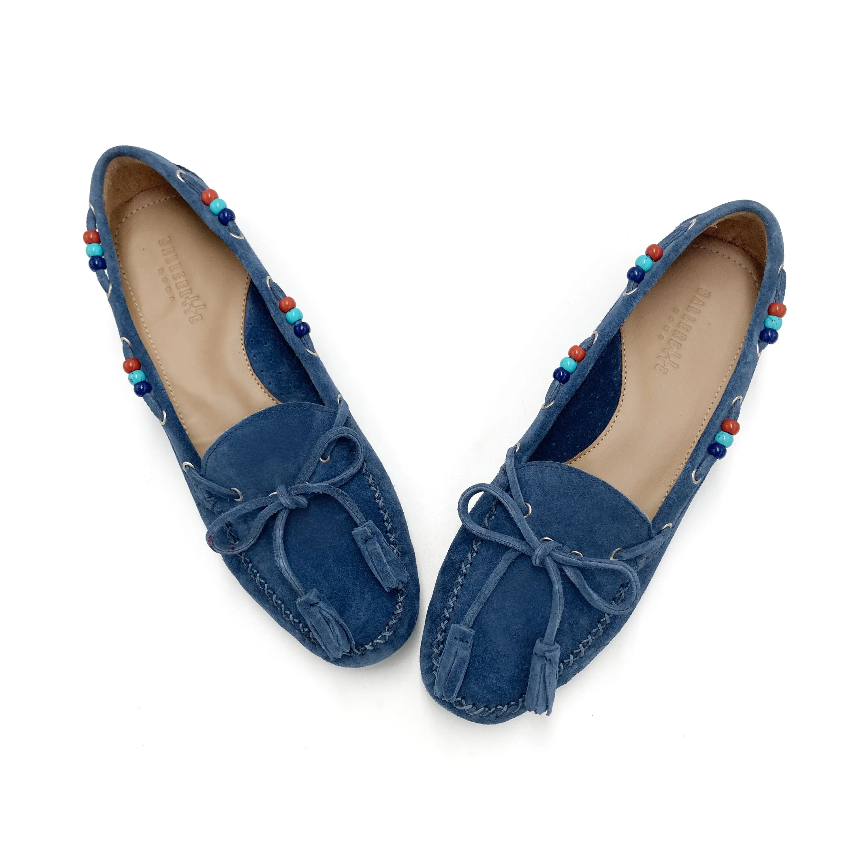 Women’s denim blue moccasins with beads - Image 2