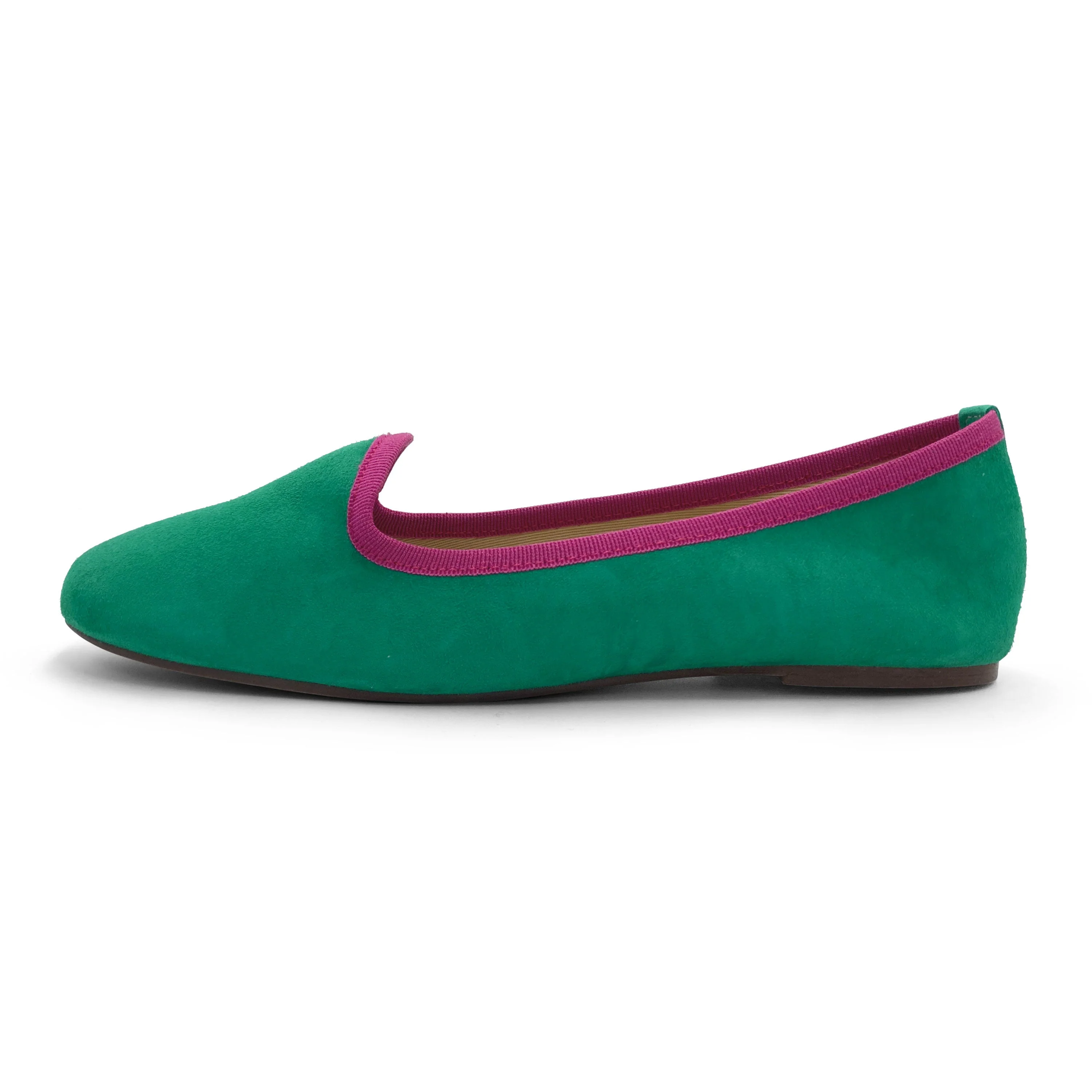 Women's emerald green suede loafers with fuchsia details - Image 4