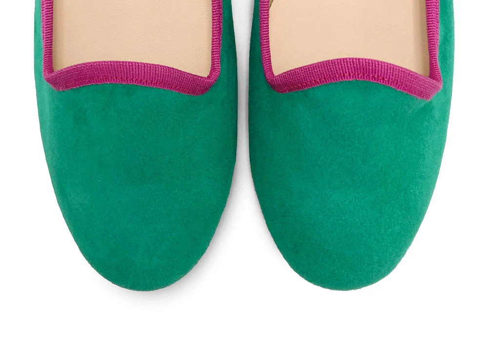 Women's emerald green suede loafers with fuchsia details - Image 5