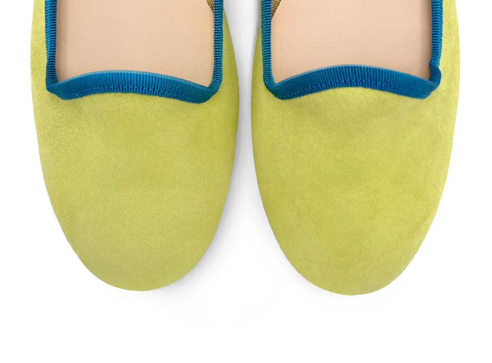 Women's lime green suede loafers with petrol blue details - Image 5