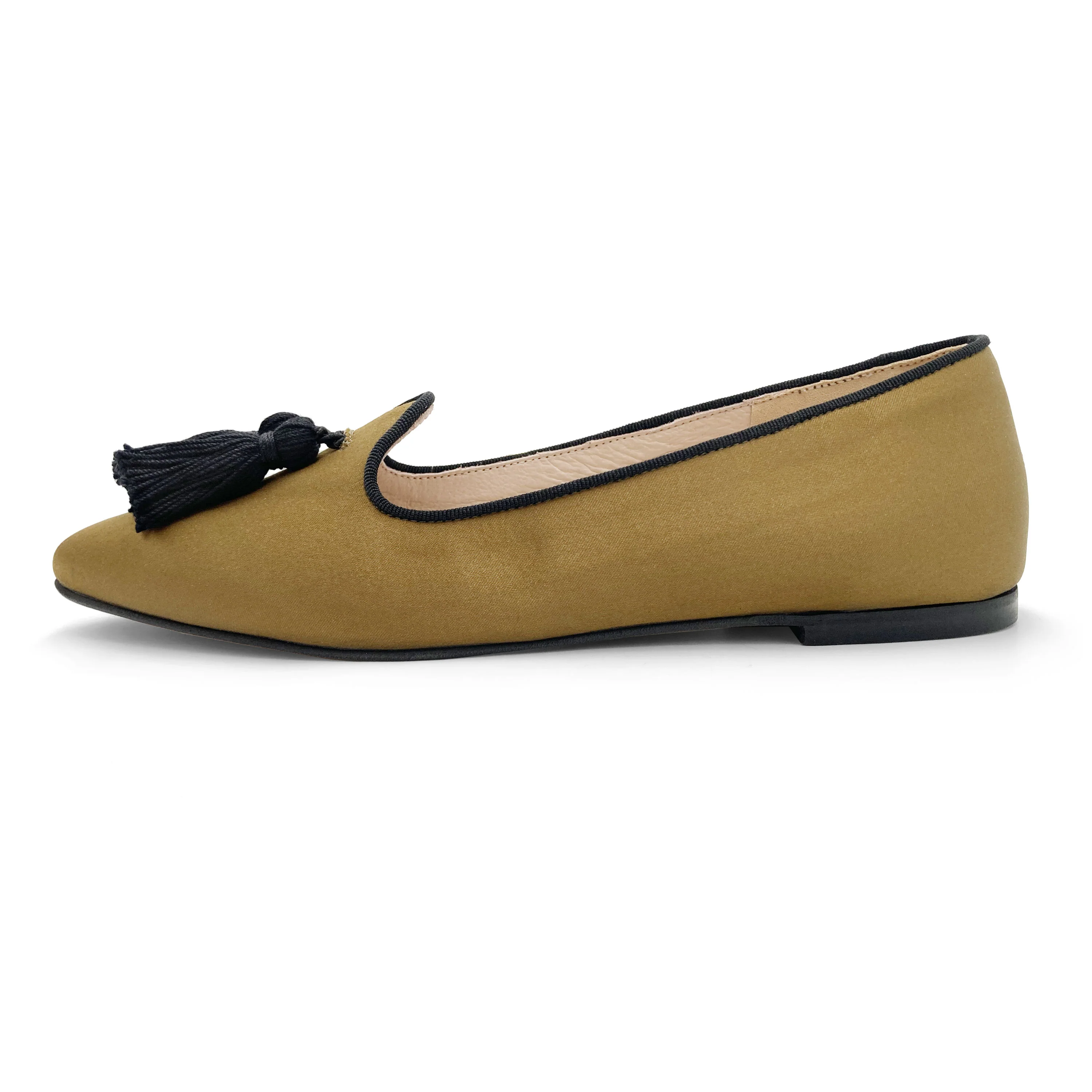 TT Go Green collection - women's mustard-colored eco-friendly satin moccasins with black tassels - Image 4