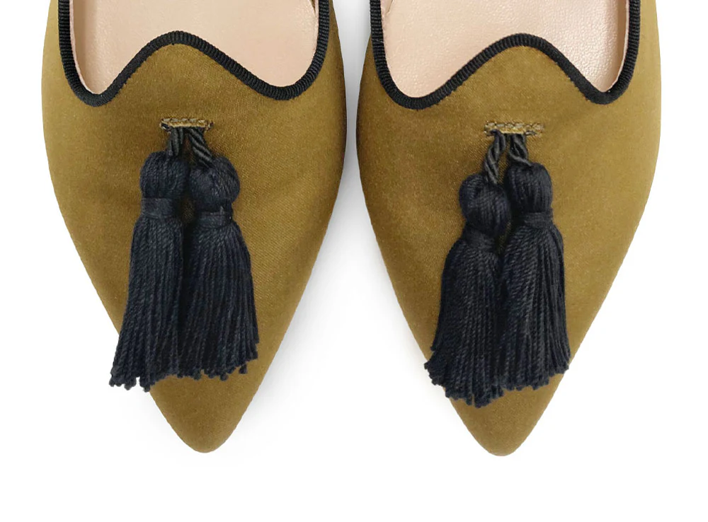 TT Go Green collection - women's mustard-colored eco-friendly satin moccasins with black tassels - Image 5