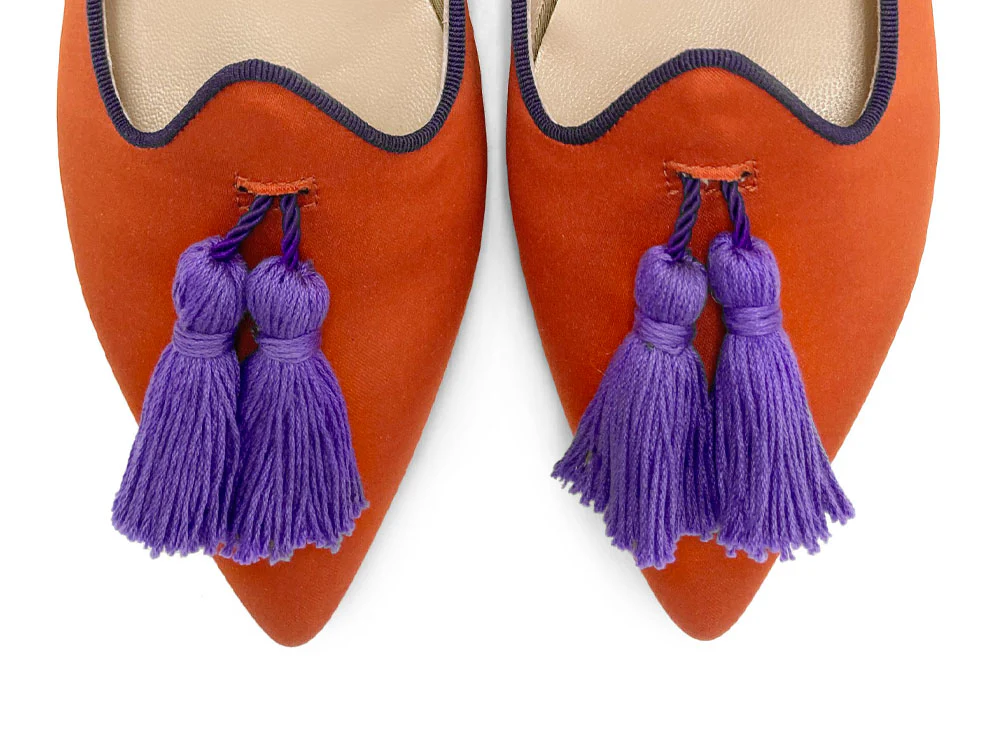 TT Go Green collection - women's orange eco-friendly satin moccasins with purple tassels - Image 5