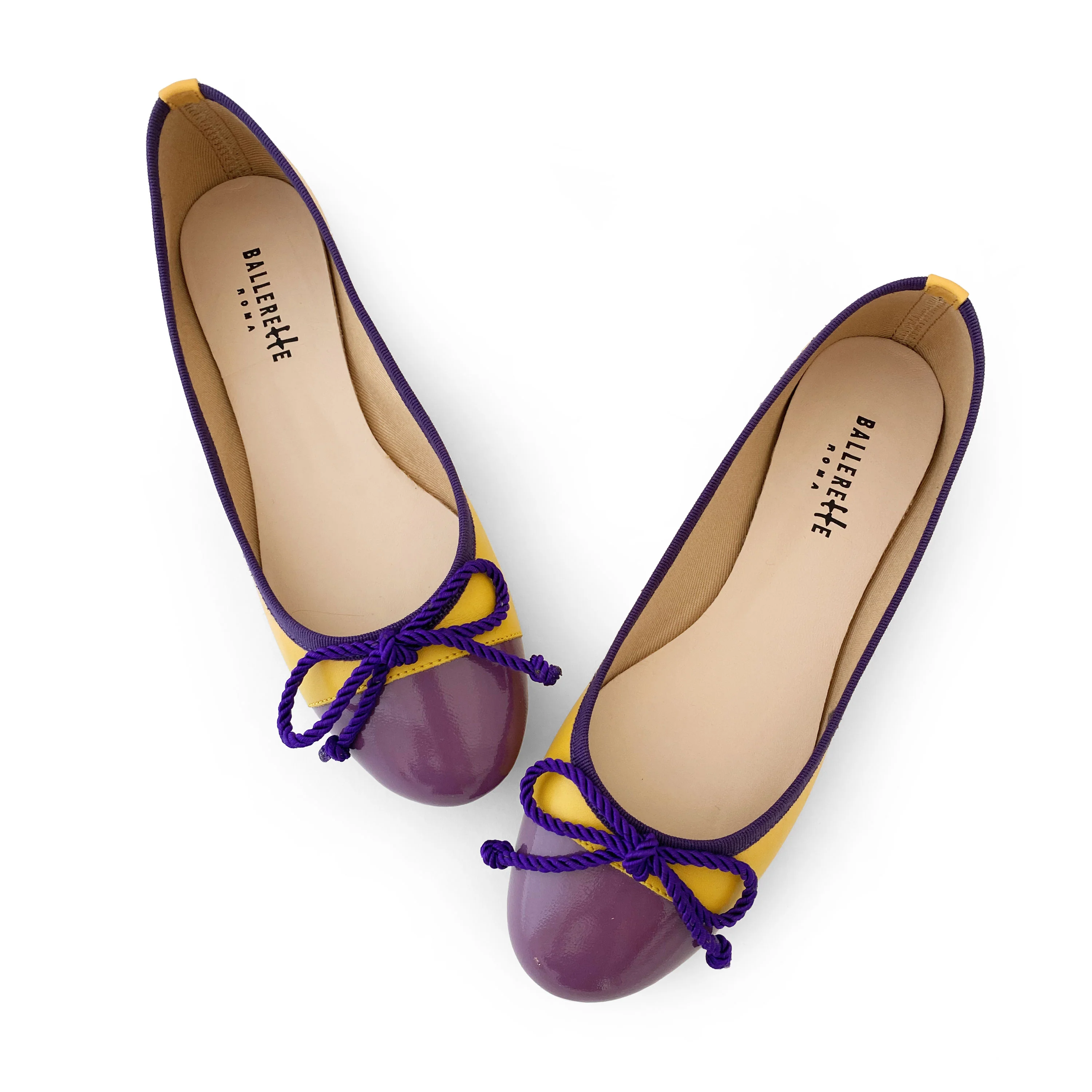 Yellow leather ballet flats with purple toe and bow - Image 3
