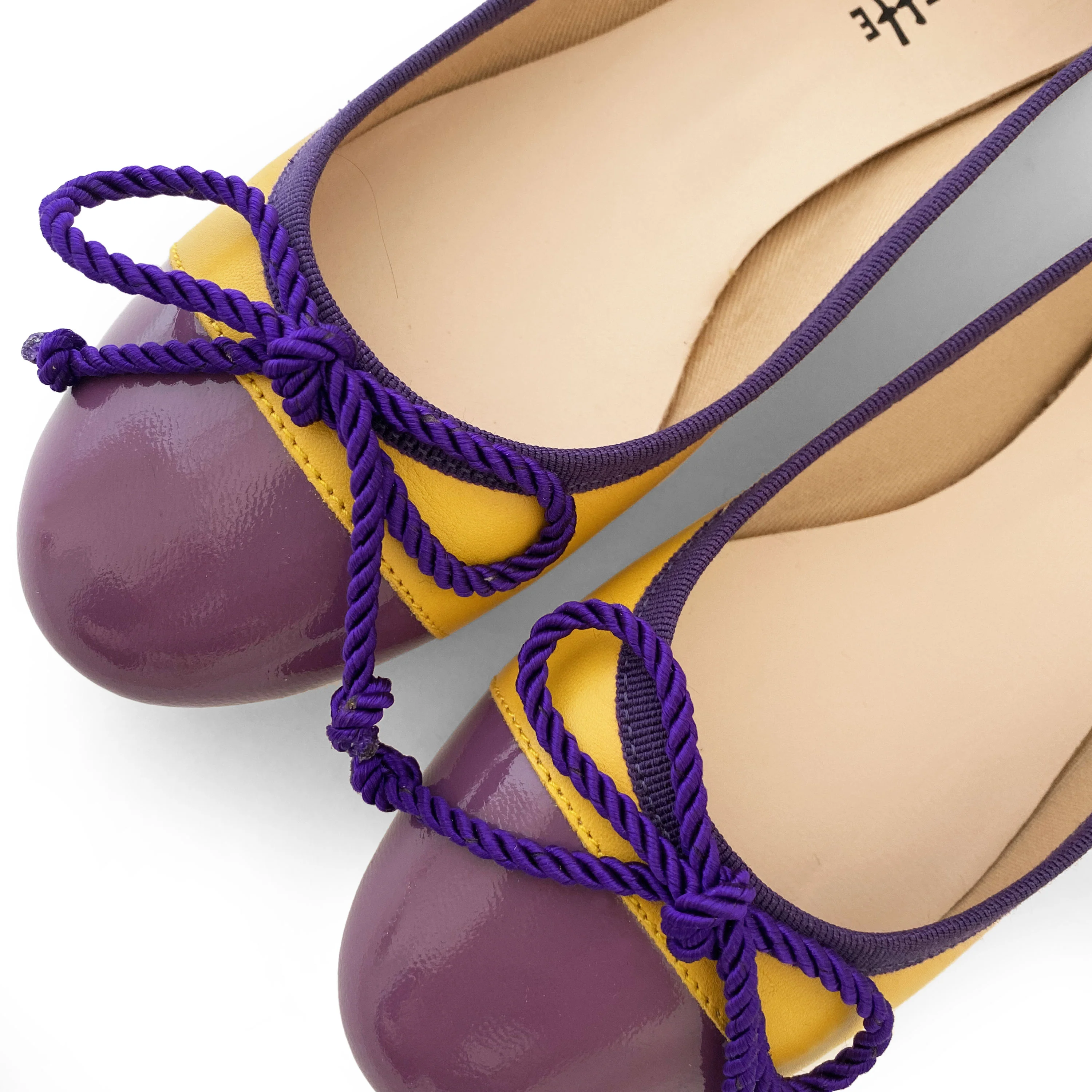Yellow leather ballet flats with purple toe and bow - Image 4