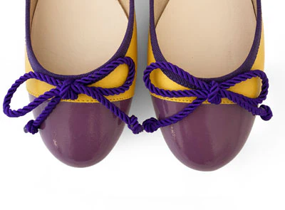 Yellow leather ballet flats with purple toe and bow - Image 5